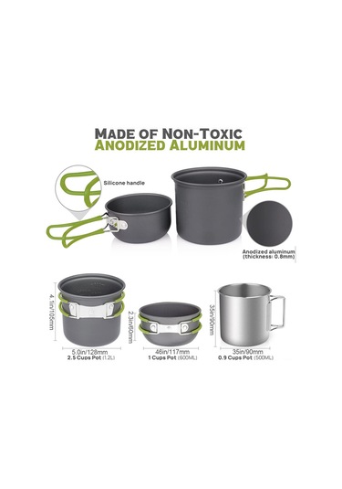 Neevoyu Ds101 Yeşil Kamp Mutfak Seti: Çadırcılar İçin 1-2 Kişilik Çelik Tencere, Fritöz, Katlanabilir Ocak Ve Kahve Bardağı Yeşil