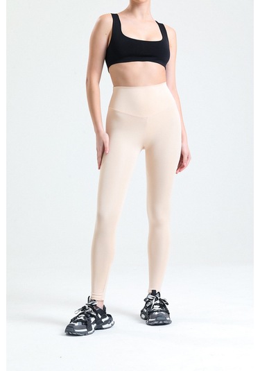 Caramel Yüksek Bel Toparlayıcı Dalgıç Kumaş Spor Günlük Tayt Ekru