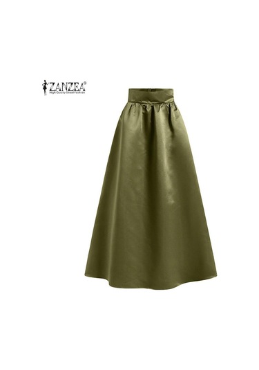 Zanzea Kadın Moda Yüksek Bel A-line Saten Etekler Düz Renk Parti Uzun Etekler Şarap Kırmızısı Kırmızı