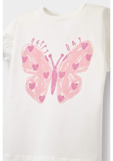 Defacto Kız Bebek Bisiklet Yaka Kelebek Baskılı Kısa Kollu Tişört E0697a525smer105 Ekru