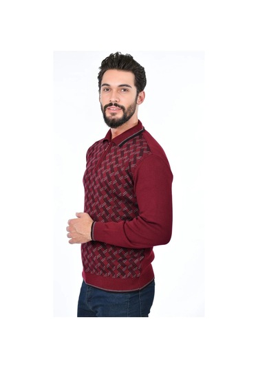 Kamalı Erkek Çelik Örgü Gömlek Yaka Fermuarlı Polo Yakalı Çizgili Desen Tüylenmeyen Triko Kışlık Baba Kazak Bordo
