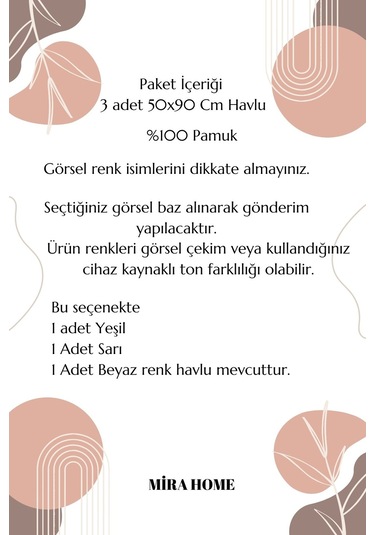 3 Lü Renkli El Yüz Havlu Seti %100 Pamuklu Natural Harmony Sarı