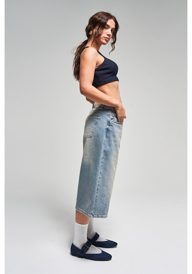 Itsbasic Kadın T.kot Rengi 2s5-84 Süper Baggy Fit Maxi Boy %100 Koton Denim Şort Tint Kot Rengi