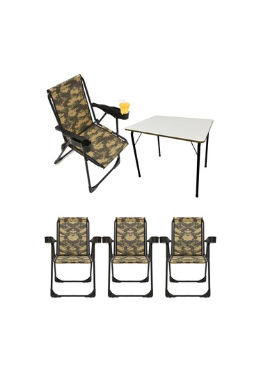 Silva 4 Adet Kamp Sandalyesi Bardaklıklı Lüks Kamuflaj + MDF Masa Kamuflaj