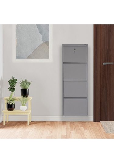 Kilitli 4'lü Metal Ayakkabılık - Gri