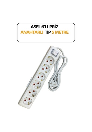 Altılı, Anahtarlı Model, Topraklı, Klemensli, Kablo 5 Metre Uzunluğunda, Askı Aparatlı Grup Priz 5