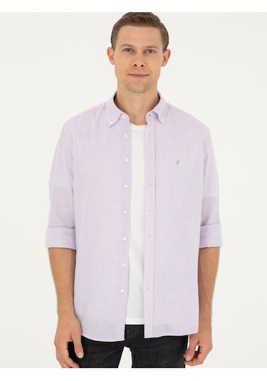 Cacharel Lila Slim Fit Keten Karışımlı Gömlek Pembe