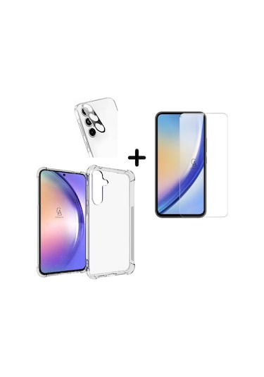Samsung Galaxy A55 5g Uyumlu Kılıf Şeffaf Temperli Kırılmaz Cam Ekran Ve Kamera Lens Koruyucu Seti