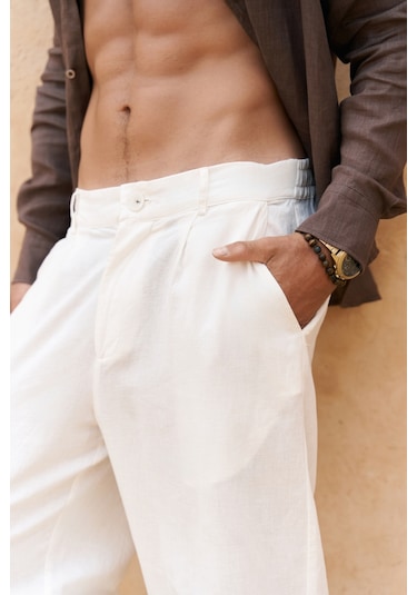 Fyfaha Bol Paça Erkek Ekru Keten Pantolon Ekru