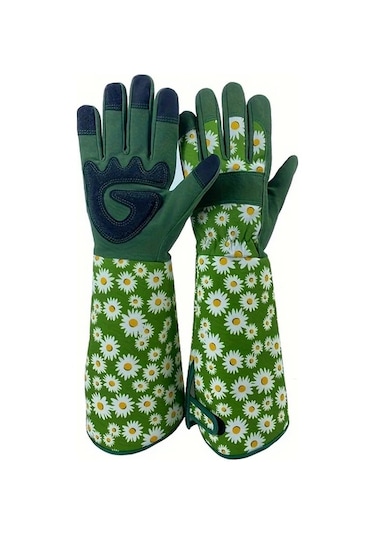 Techbloom Diken Geçirmez Eldiven Nefes Alabilir Polyester Green Floral Desenli Unisex Bahçe Eldiveni