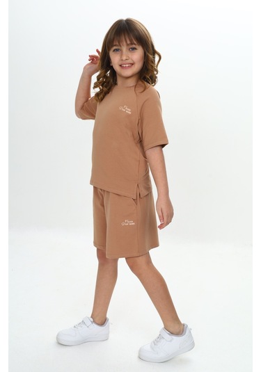 Toontoy Kız Çocuk Göğsü Yazı Baskılı Şortlu Takım Kahve