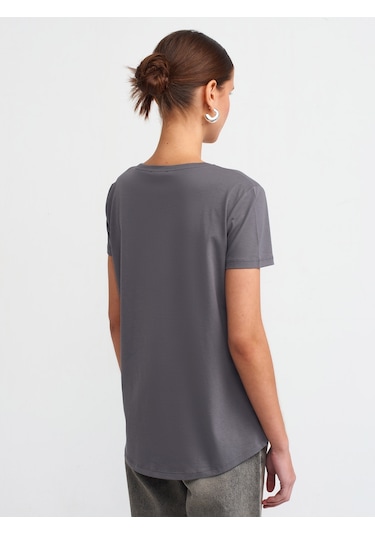 Dilvin Bisiklet Yaka Basic T-shirt-füme Füme