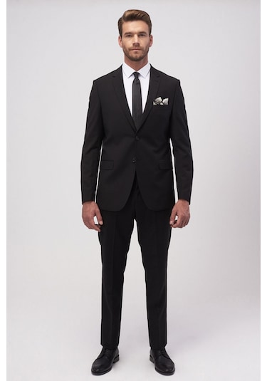 AC&Co / Altınyıldız Classics Erkek Siyah Slim Fit Dar Kesim Düz Siyah 8 Drop Su Geçirmez Nano Takım Elbise 4A3010000005SYH488N Siyah