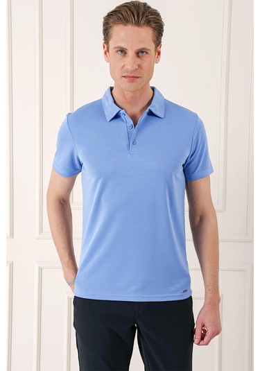 Slim Fit Düğmeli Polo Yaka Pamuklu Mavi Tişört Ts 879 Mavi