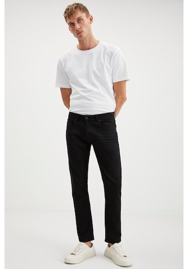 Herman Erkek Kalın Dokulu Slim Fit Dar Kalıp Boru Paça Organik Pamuklu Siyah Jeans