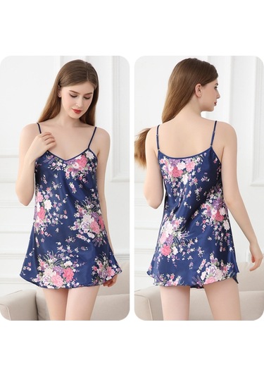 Sones V Yaka Sırtı Açık Nergis Kısa Askılı Gecelik Koyu Mavi