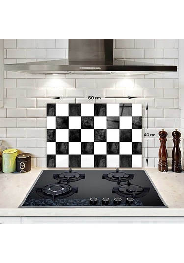 Decorita Cam Ocak Arkası Koruyucu | Damalı Desen | 40cm x 60cm