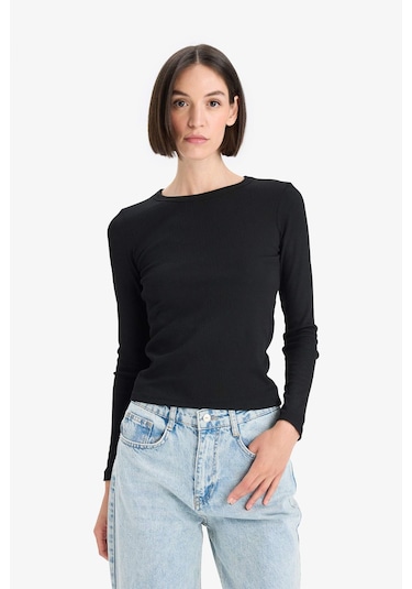 Defacto Slim Fit Dar Kesim Basic Düz Fitilli Kaşkorse Uzun Kollu Tişört E5767ax25aubk81 SIYAH