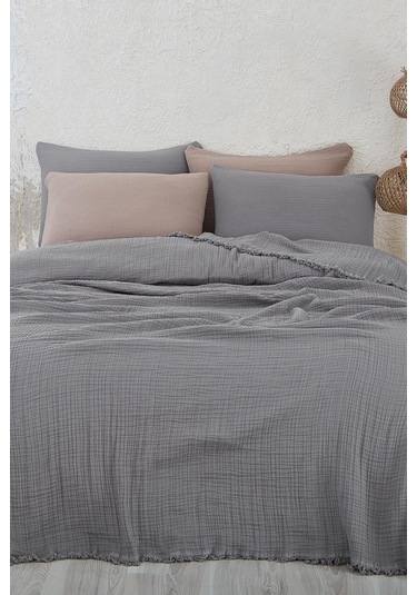 Müslin%100 Pamuk Tek Kişilik Yatak Örtüsü Pike Takımı 4 Katlı Yumuşak Battaniye 2 Parça Antrasit Gri