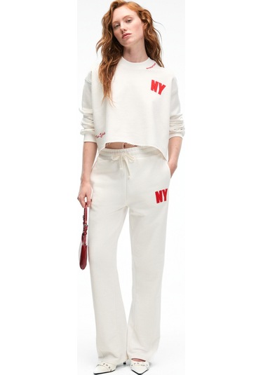 DELYRA Kadın Bisiklet Yaka Rahat Kesim Nakış Detaylı Ekru Sweatshirt