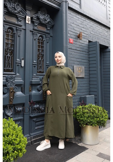 Kadın Haki Aerobin Uzun Önü Yarım Fermuarlı İkili Takım T1216 Haki