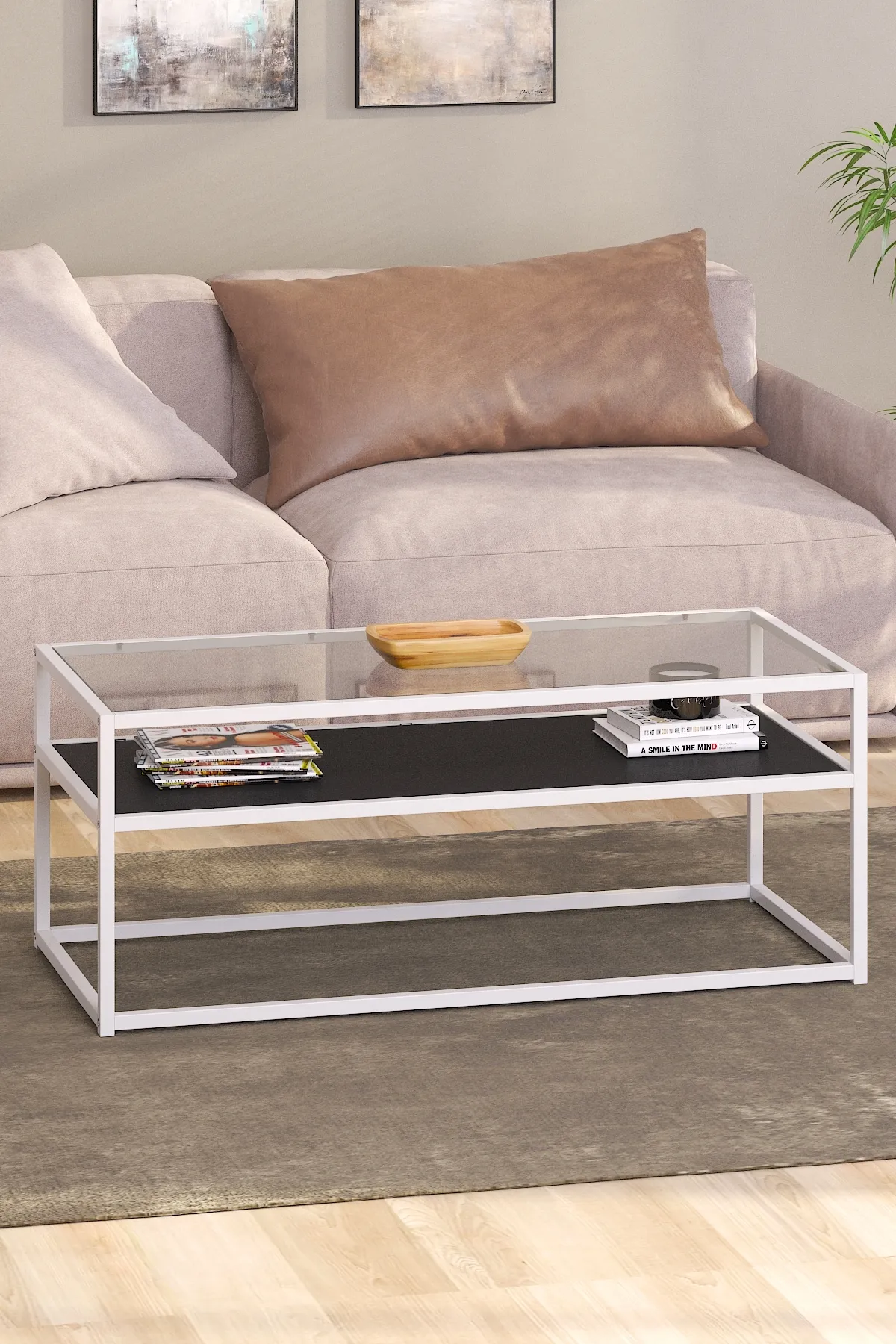 Modern Metal Iskeletli Temper Camlı 2 Katlı Dikdörtgen Orta Sehpa Siyah-beyaz-şeffaf