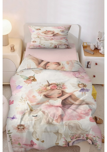Peri Kız Unicorn Masalı Tek Kişilik Çocuk Nevresim Seti Pembe