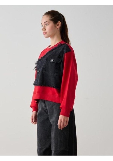 Kız Çocuk Mevsimlik Önü Denim Garni Cepli 3 İplik Sweatshirt-14773 Kırmızı