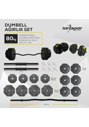Tan Spor 80 KG Dambıl Halter Kısa Bar + Düz Bar Seti Kırmızı Kapaklı 150 CM