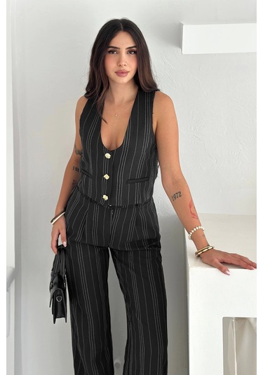 Çizgili Kumaş Yelek Takım Siyah Siyah