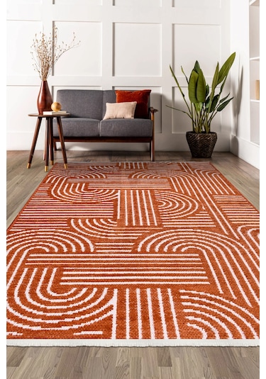 Revna Kiremit Turuncu Yıkanabilir Halı Kaydırmaz Tabanlı Pamuk Dokuma Salon Mutfak Koridor İçin Kiremit