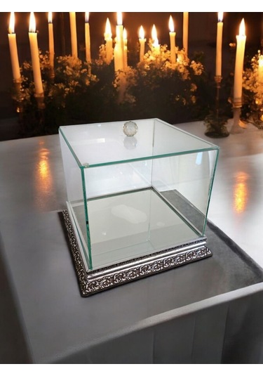 Cam İşlemeli Gümüş Söz Nişan Bohça Kutusu 25 25 Cm