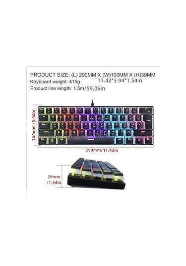 Fastbuy 61 Tuşlu Ergonomik Mekanik Klavye, Renkli Arkadan Aydınlatmalı