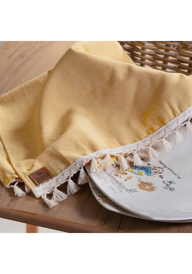 Vivamaison Sarı Düz Püsküllü Pamuk Kumaş 45X150 CM Runner