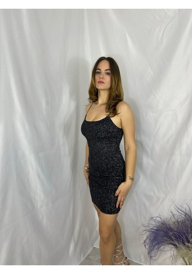 Gümüş Simli Ip Askılı Mini Elbise Siyah