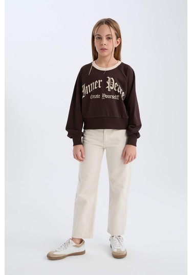 DeFacto Kız Çocuk Relax Fit Bisiklet Yaka Baskılı İçi Yumuşak Tüylü Sweatshirt D7042A824WNBN116
