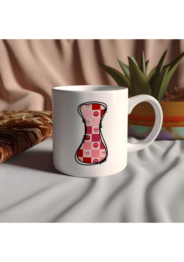 I Harfi Pembe Kareli Kalpli Göz Emojili Kupa Bardak Eğlenceli Kareli Tasarım Kahve Çay Kupası 07 Beyaz