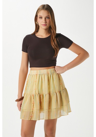 Kadın Juliet Sarı Çiçek Desen Astarlı Volanlı Mini Şifon Dokuma Etek