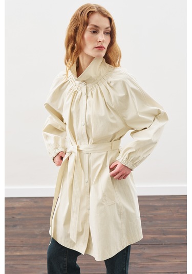 Oversıze Bağlamalı Midi Trençkot Taş Taş