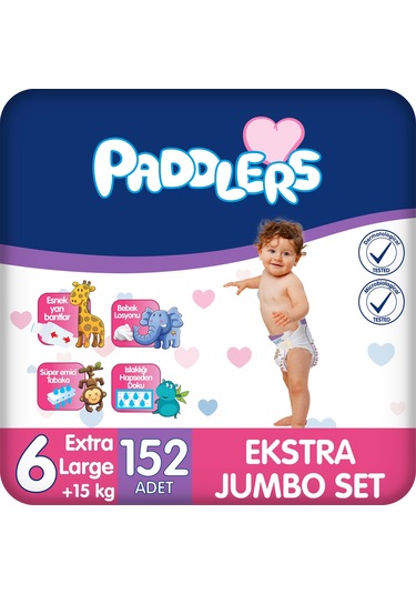 Paddlers Bebek Bezi 6 Numara X-Large 152 Adet (15+Kg) Ekstra Jumbo Set
