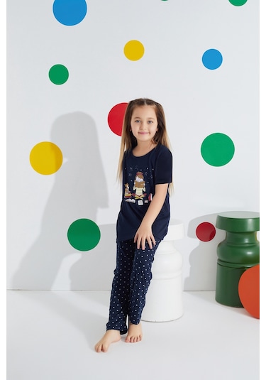 Anne Kız Kombin Desenli Viskon Kısa Kollu Pijama Takımı Anne Kız Ayrı Satılır Lacivert