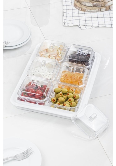 Akrilik Beyaz 6 Lı Kapaklı Kahvaltılık Kahvaltı Seti & Saklama Kabı Cam Değildir Çok Renkli