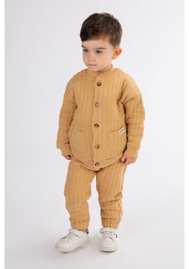 Erkek Çocuk Kapşonlu Kapitone Kumaş Hırkalı Alt Üst Takım Kahverengi
