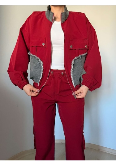 Ali Butik Bordo Paraşüt Kumaş Denim Detaylı Takım Bordo