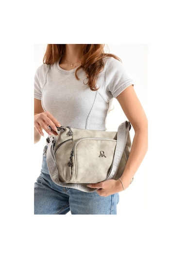 Kadın Postacı Çanta Çapraz Askılı Suni Deri Omuz Çantası 32 22 Cm Mega Günlük Omuz Çantası Gri