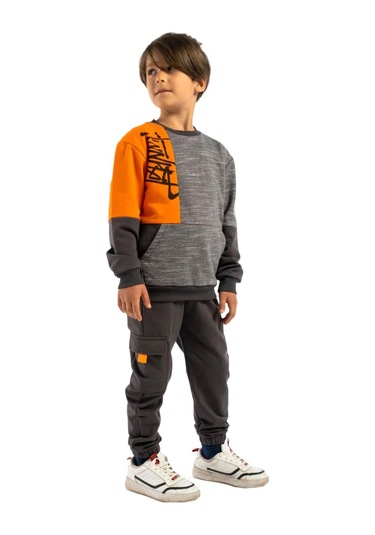 Miniloox Erkek Bebek Kanguru Cepli Gri Çocuk Eşofman Takımı 001