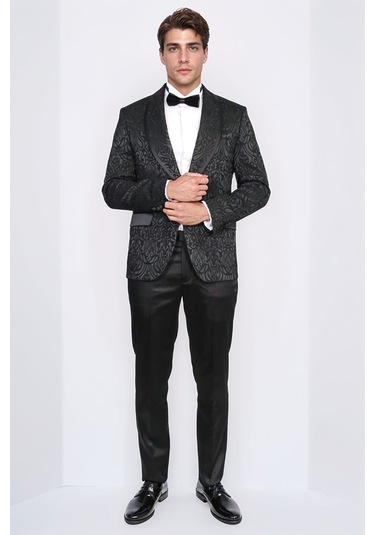Damask Desenli S Al Yaka Siyah Smokin - Wessi Siyah