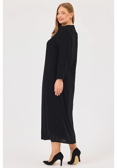 Galaxi Kadın Büyük Beden Aksesuarlı Elbise 4003 Siyah Siyah