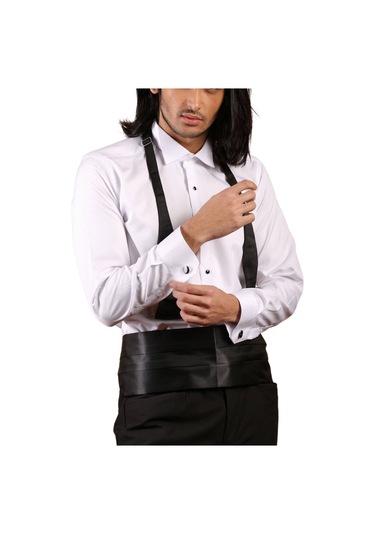 Beyaz Siyah Taş Düğmeli Damatlık Ata Yaka Kol Düğmeli Slim Fit Smokin Gömlek - 006 001