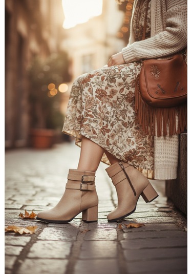 Kadın Hermina Çift Tokalı Kısa Bot Bej Süet